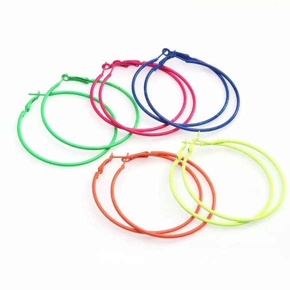 Jewelry - 5 pairs of Neon Hoop Earrings 2.25”